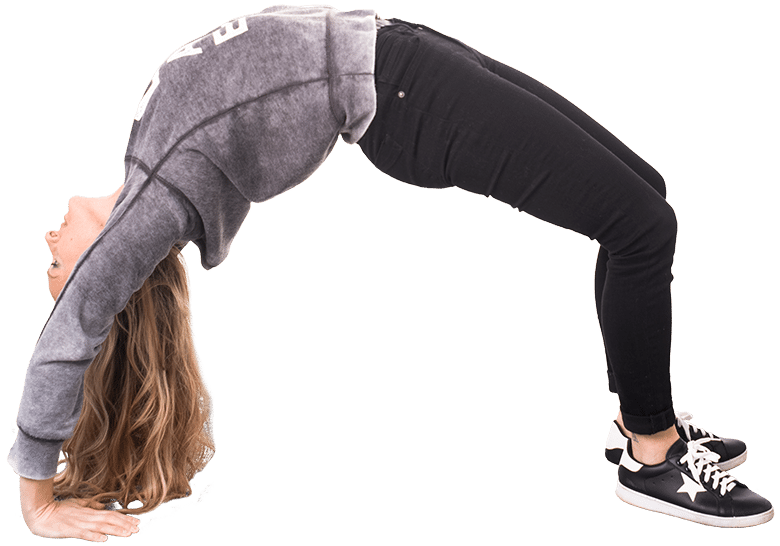 Woman doing a backbend to demonstrate the flexibility of working for Ellie.