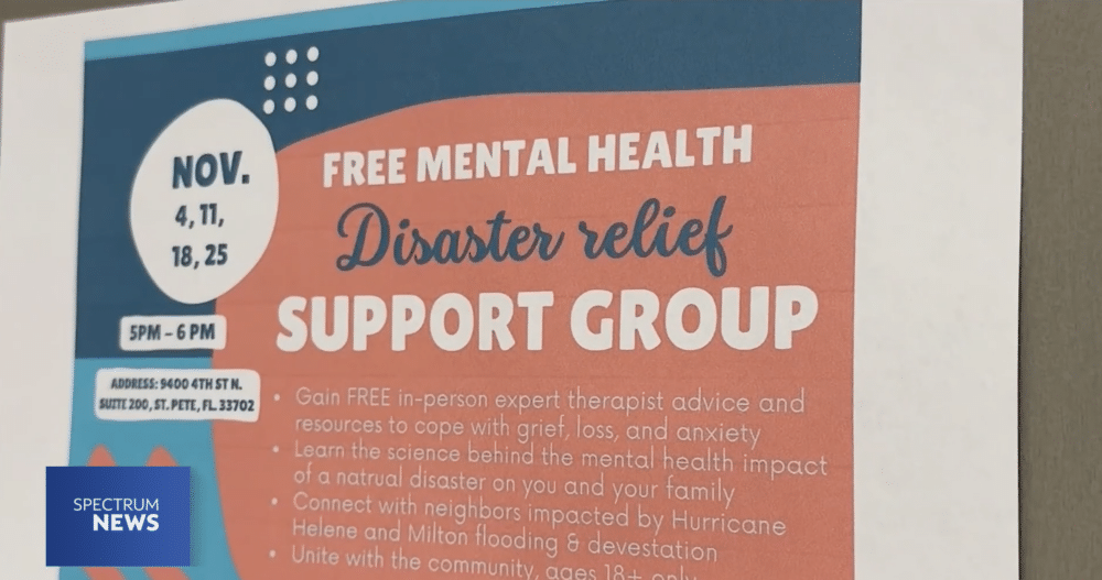 Disaster relief support group flyer at Ellie Mental Health St. Petersburg, FL