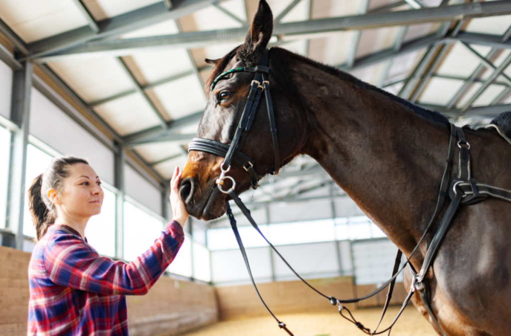 Woman in a flannel petting her horse